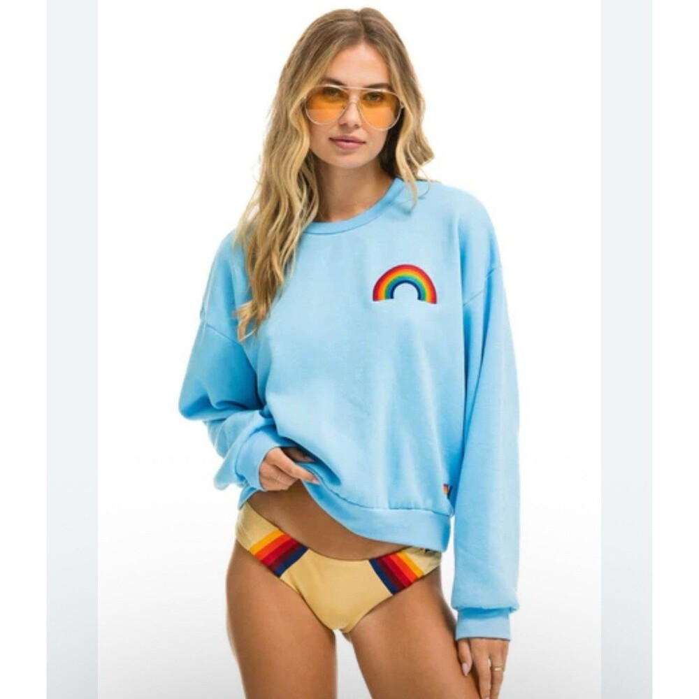 Aviator Nation Sky Blue Crewneck Sweatshirt With Embroidered Rainbow Small - Picture 2 of 8